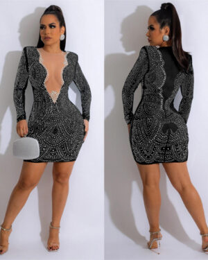 7519 - Scallop Deep V Neck Mesh Opening Long Sleeve Rhinestone dress-Beige