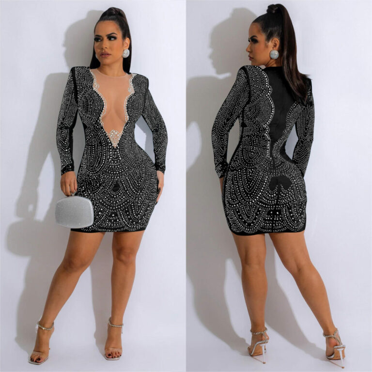 7519 - Scallop Deep V Neck Mesh Opening Long Sleeve Rhinestone dress-Beige