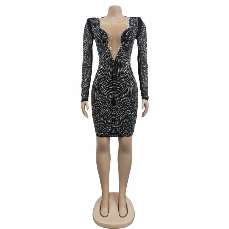 7519 - Scallop Deep V Neck Mesh Opening Long Sleeve Rhinestone dress-Beige - Image 9