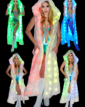 LED810 - LED Faux Fur Long Jacket with Hood