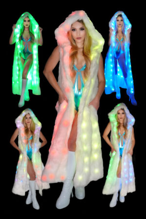 LED810 - LED Faux Fur Long Jacket with Hood