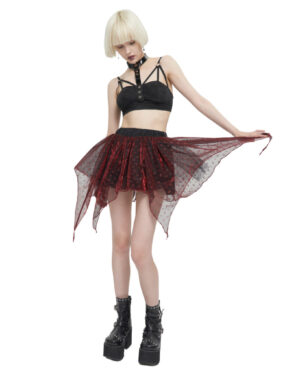 SKT15502 - Red Mesh Ruffle Layered Mini Skirt
