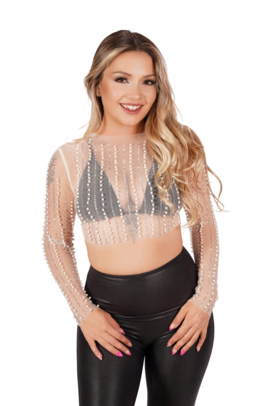 14531 - Mesh Crop Top with Beaded Pearls - Image 4