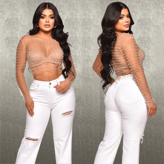 14531 - Mesh Crop Top with Beaded Pearls - Image 3