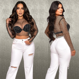 14531 - Mesh Crop Top with Beaded Pearls