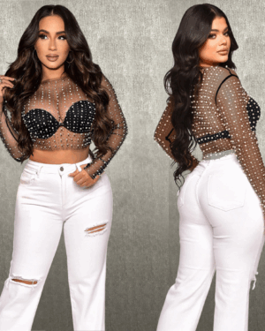 14531 - Mesh Crop Top with Beaded Pearls