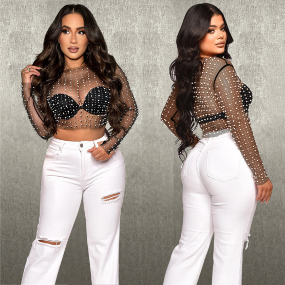 14531 - Mesh Crop Top with Beaded Pearls