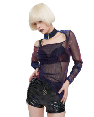 TT226 - Purple Mesh Ruched Top with Mock Neck