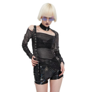 TT234 - Black Mesh Ruched Top with Mock Neck