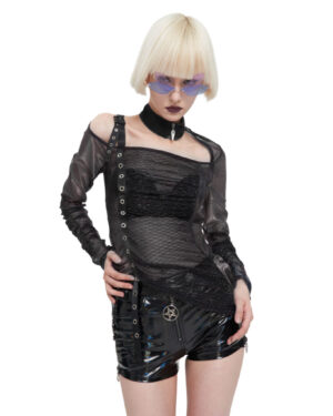 TT234 - Black Mesh Ruched Top with Mock Neck