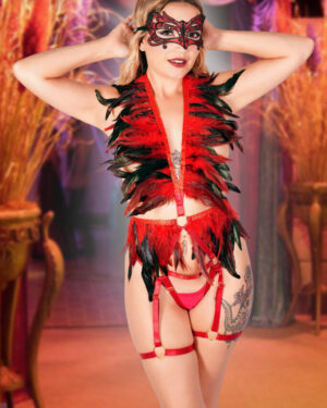 4243 - Black and Red Feather Top and Garter Bottom