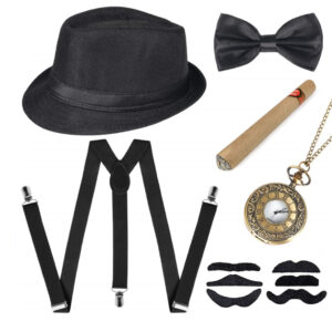 70515 - flapper kit-Men (hat, bow, faux cigar, suspenders, mustache stamps, watch)