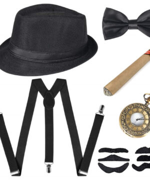 70515 - flapper kit-Men (hat, bow, faux cigar, suspenders, mustache stamps, watch)