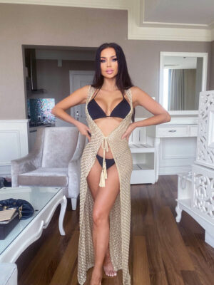 7101 - Diamond Knit Lace Crochet Long Vest Cover Up with Tassel Drawstring