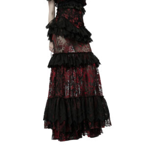 WQ629 - Red and Black Goth Flower Print with Ruffle Lace Skirt
