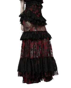 WQ629 - Red and Black Goth Flower Print with Ruffle Lace Skirt