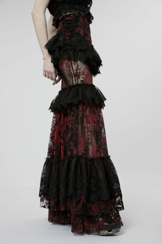 WQ629 - Red and Black Goth Flower Print with Ruffle Lace Skirt - Image 2