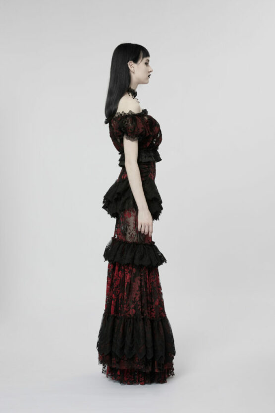 WQ629 - Red and Black Goth Flower Print with Ruffle Lace Skirt - Image 3