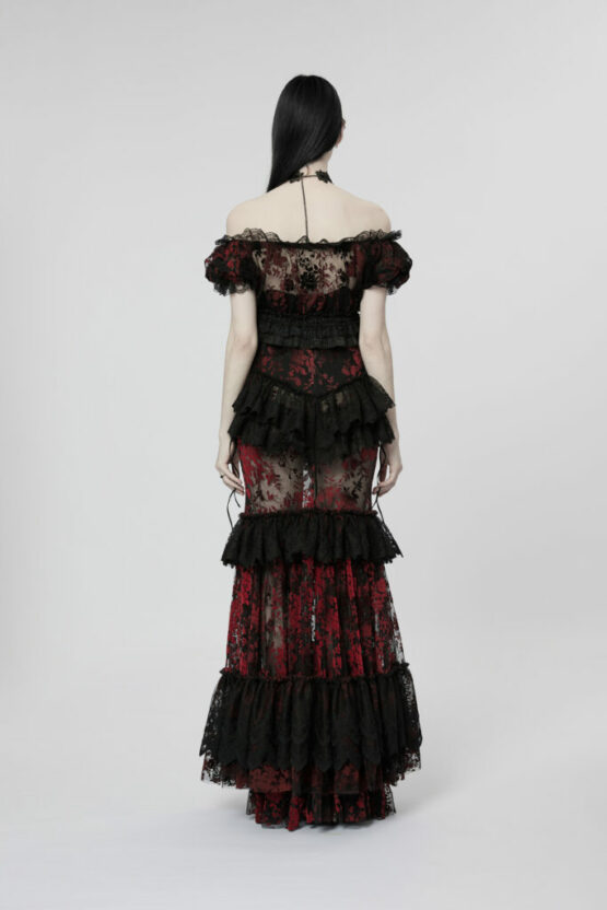 WQ629 - Red and Black Goth Flower Print with Ruffle Lace Skirt - Image 4