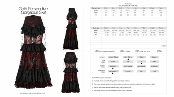 WQ629 - Red and Black Goth Flower Print with Ruffle Lace Skirt - Image 5
