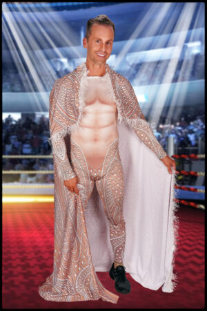 7880 - Pearl cable printed Jumpsuit with Long Feather Cloak