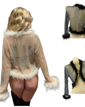 94064 - Rhinestone Crochet Crop Shrug with Fur