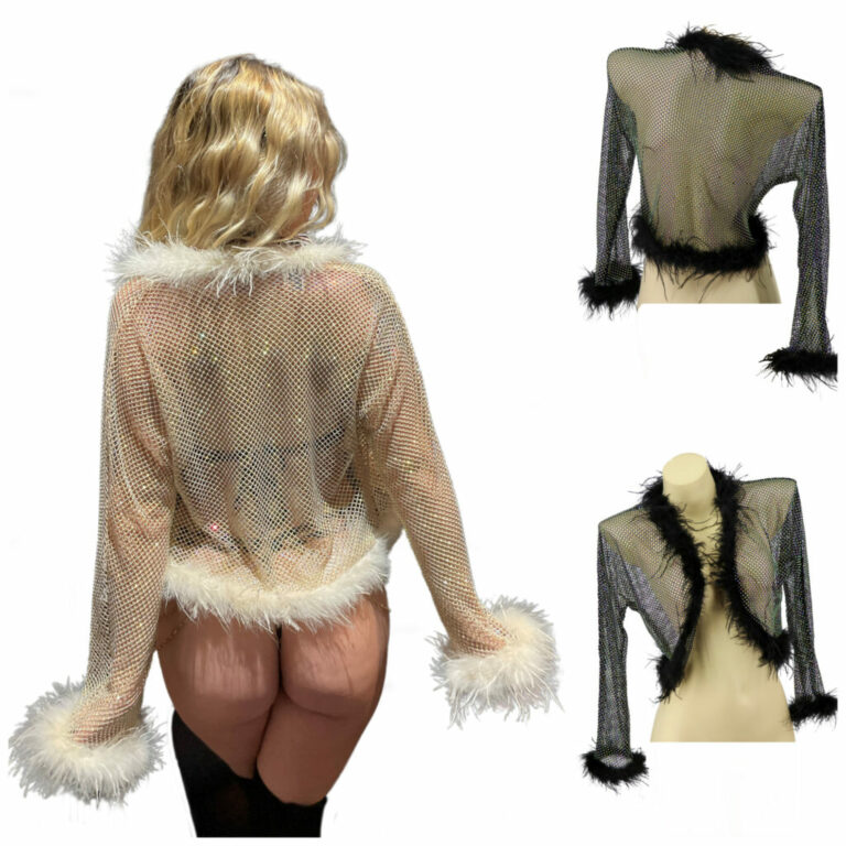 94064 - Rhinestone Crochet Crop Shrug with Fur