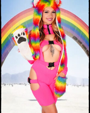 2643 - Faux Fur Ear Hooded Scarf with Bear Paw Pocket-Rainbow