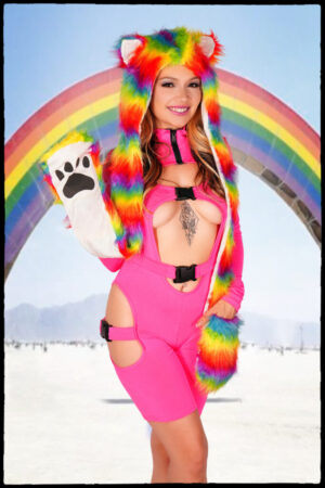 2643 - Faux Fur Ear Hooded Scarf with Bear Paw Pocket-Rainbow