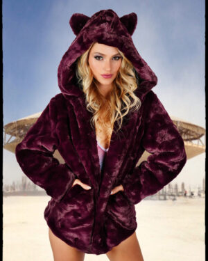 2645 - Ear Faux Fur Hoodie Coat-Purple