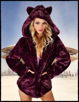 2645 - Ear Faux Fur Hoodie Coat-Purple