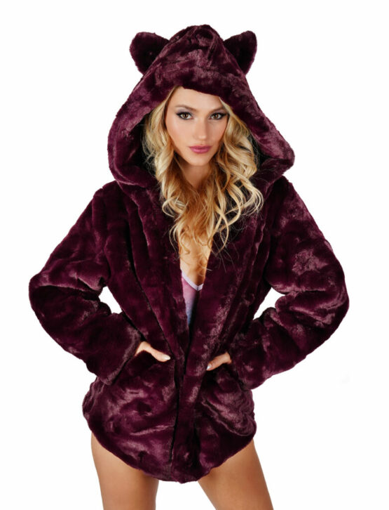 2645 - Ear Faux Fur Hoodie Coat-Purple - Image 3