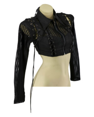 7328 - Fishnet Mesh Laced up Collar crop top
