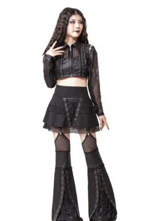7328 - Fishnet Mesh Laced up Collar crop top