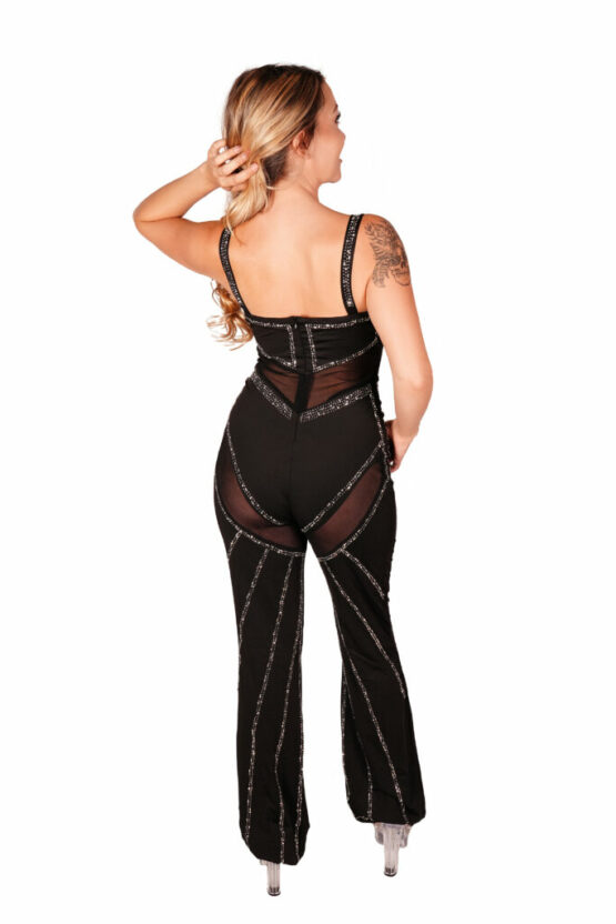 7529 - Mesh and Rhinestone Flare Jumpsuit - Image 2