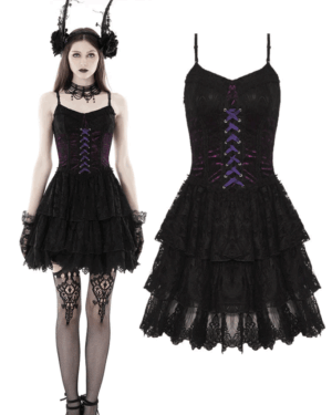 DW769 - Gothic sexy black and purple lace mini dress