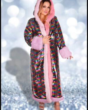 2649 - Sequin rainbow long coat with faux fur trim