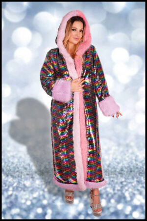 2649 - Sequin rainbow long coat with faux fur trim
