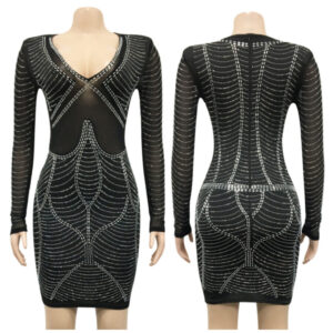 7535 - Shoulder puff rhinestone long sleeve dress-Black