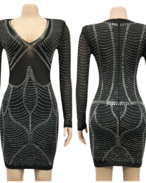 7535 - Shoulder puff rhinestone long sleeve dress-Black