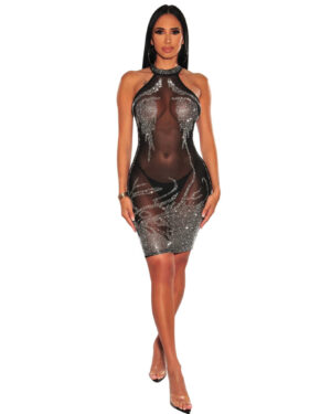 7539 - Embellished rhinestone mock neck mesh dress