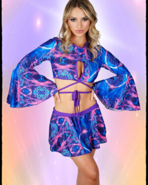14696 - Blue Swirl tie dye Keyhole crop top with flare mini skirt set-OS