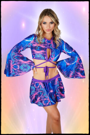 14696 - Blue Swirl tie dye Keyhole crop top with flare mini skirt set-OS