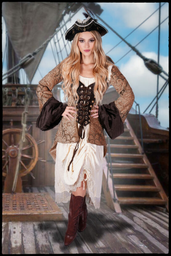 69523 - Brown Pirate Hat with Feather and Skeleton - Image 4