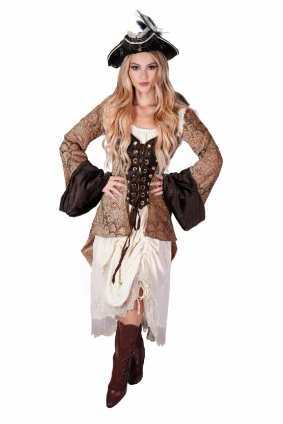 69523 - Brown Pirate Hat with Feather and Skeleton - Image 5