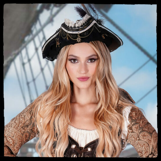 69523 - Brown Pirate Hat with Feather and Skeleton