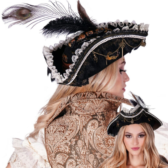 69523 - Brown Pirate Hat with Feather and Skeleton