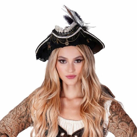 69523 - Brown Pirate Hat with Feather and Skeleton - Image 3
