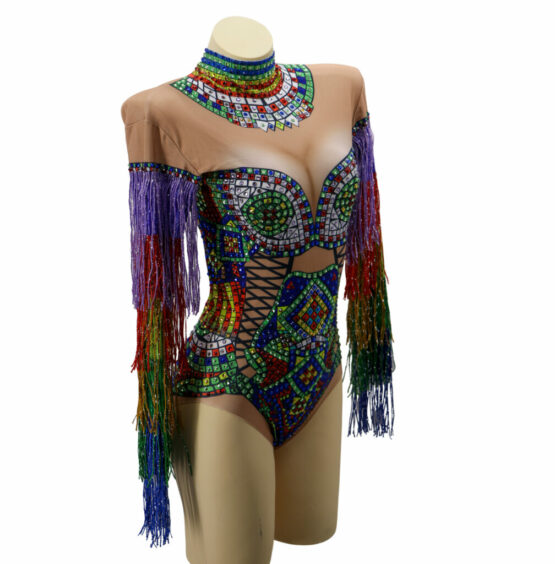 7203S - Sequin mesh moch neck bodysuit