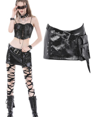 KW326 - Black Shiny PU waisted belt mini skirt